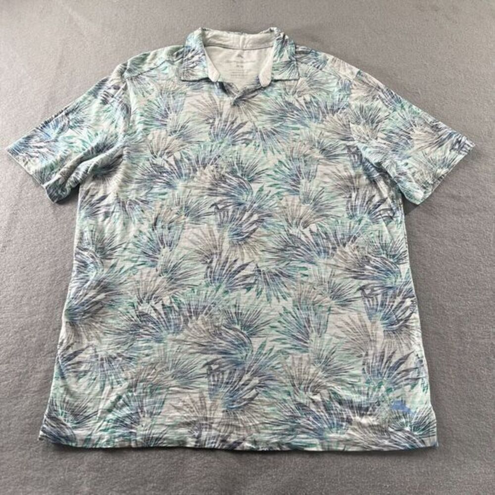 Tommy Bahama Polo Shirt Mens Sz Medium Blue Green Prism Palms Pima Reverse Print